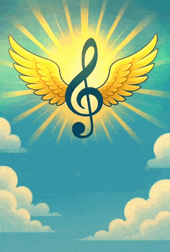 a treble clef with wings in the sky