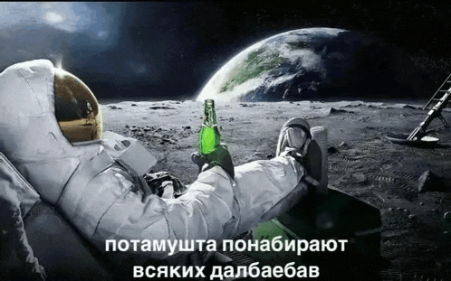 an astronaut is laying on the moon holding a green bottle of beer