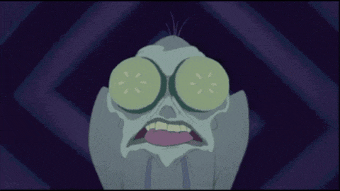 a cartoon character with cucumber slices on his eyes and the words j 'espere que t 'as une bonne excuse