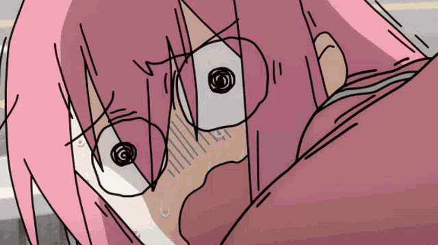 a cartoon drawing of a girl with pink hair making a surprised face