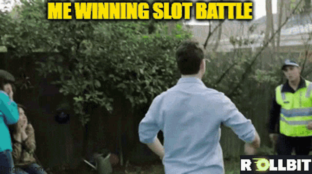 a man in a blue shirt is running away from a man in a yellow vest with the words " me winning slot battle " written above him