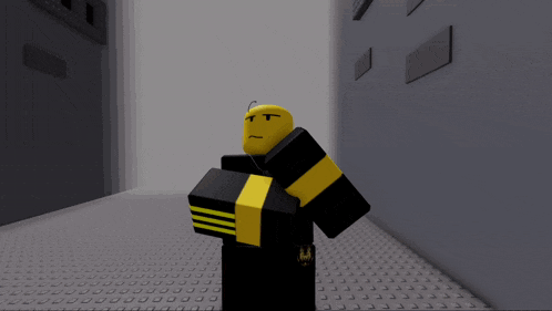 a yellow and black roblox character with a serious face