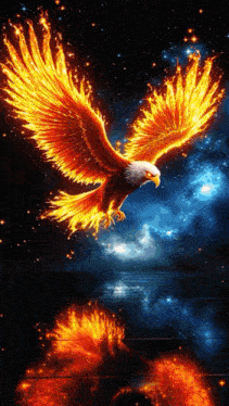 a bald eagle is surrounded by flames in the night sky