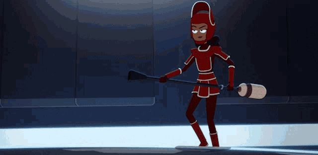 a cartoon character in a red suit is holding a sword