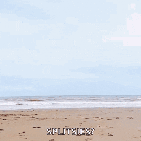 a woman is jumping in the air on a beach with the words splitsies written below her