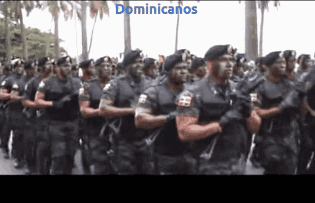 a group of soldiers marching in a line with the word dominicanos in the corner