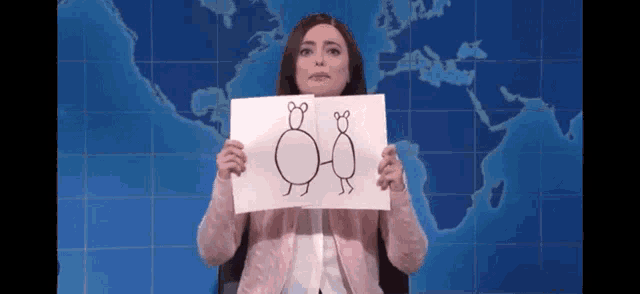 a woman is holding a drawing of two bears on a piece of paper in front of a map of the world .