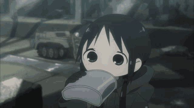 a cartoon girl drinking from a silver cup with a tank in the background