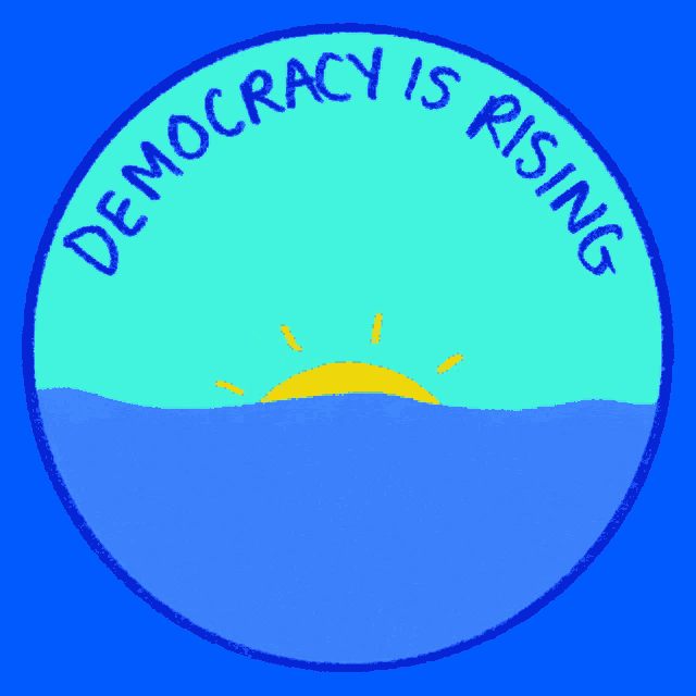 a blue circle with the words democracy is rising around it