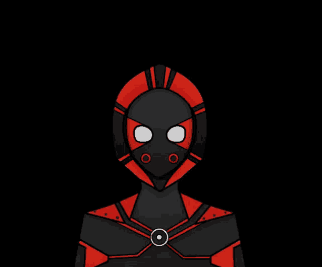 a cartoon drawing of a robot with red and black stripes and white eyes