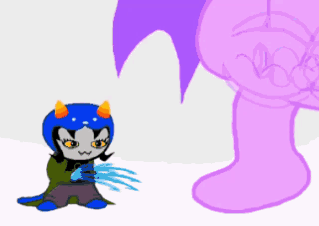 a cartoon drawing of a troll with a blue helmet and orange horns