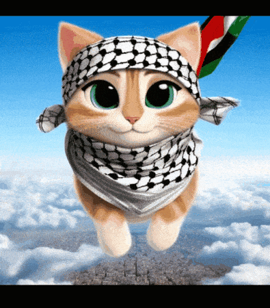 a cat wearing a scarf and a headband is flying in the air