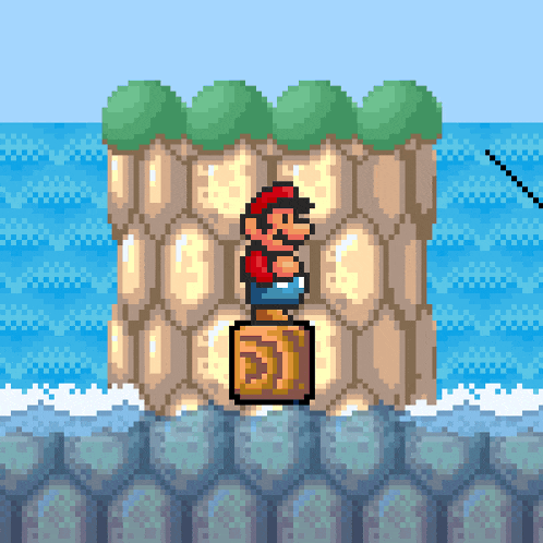 a pixel art image of mario standing on a block