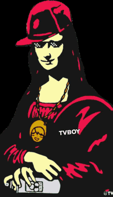 a drawing of a woman wearing a purple hat and sunglasses with tvboy written on her sleeve