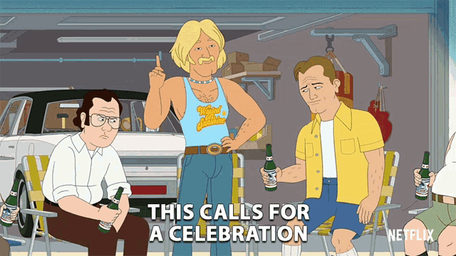 a cartoon advertisement for netflix shows three men drinking beer