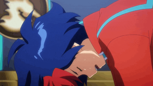 a person with blue hair and a red shirt is laying on their back