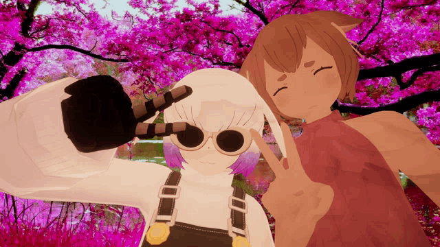 two anime characters are taking a selfie in front of a tree with pink flowers