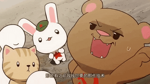 a cartoon rabbit with a red hat stands next to a bear and a cat