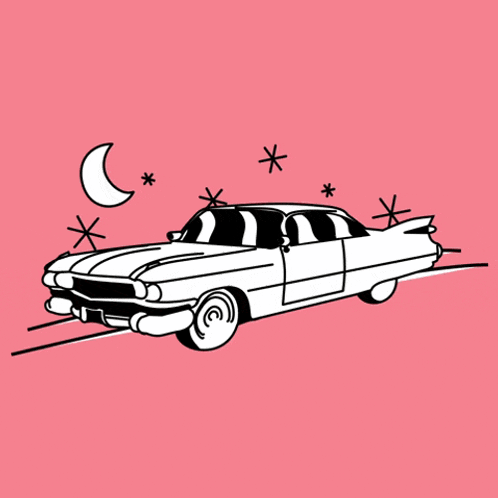 a black and white drawing of a car with a crescent moon and stars
