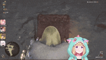 a girl in a shark hoodie stands in front of a monster in a video game