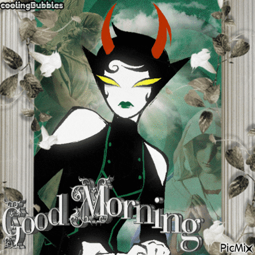 a picture of a woman with horns and the words good morning on it