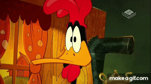 a cartoon rooster is standing in front of a wooden fence with a make a gif.com button on the bottom right