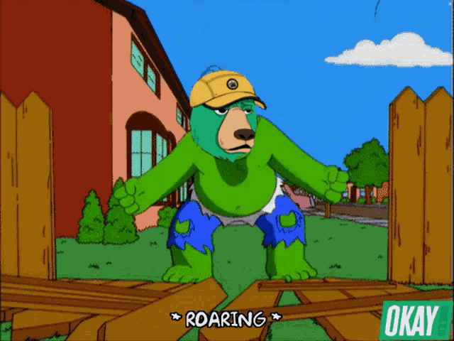 a cartoon of a bear in a hulk costume says roaring okay