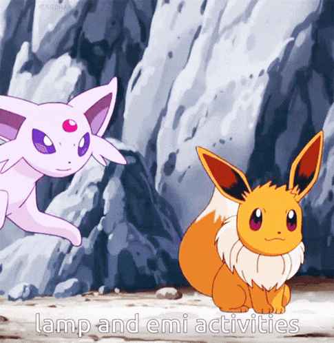 a picture of eevee and a purple eevee with the words lamp and emi activities