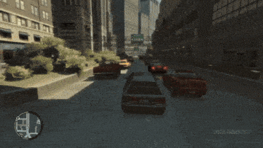a video game shows a taxi driving down a city street