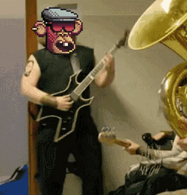 a man playing a guitar with a pixelated monkey on his face