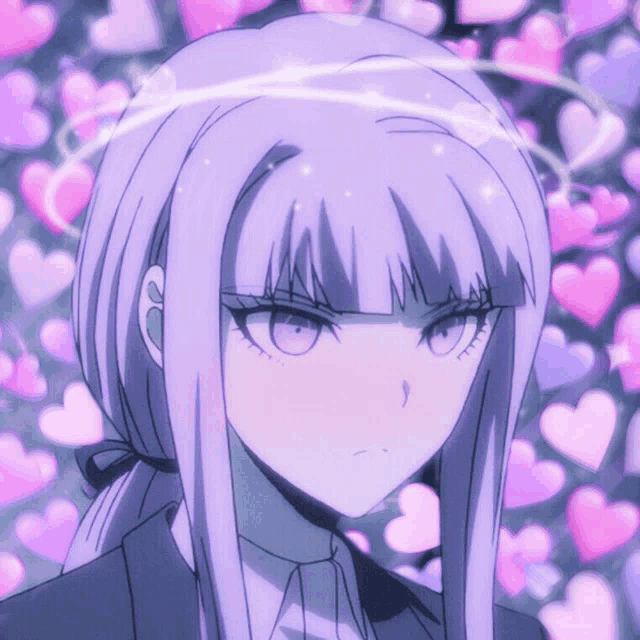 a girl with purple hair and a halo of hearts around her head