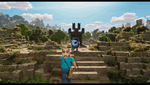 a video game scene with a man carrying a bag and a dog