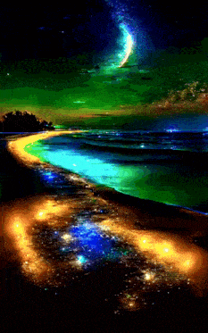a painting of a beach at night with the moon in the background