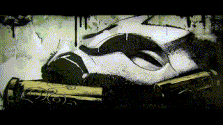 a black and white drawing of a skull with a gun in the foreground