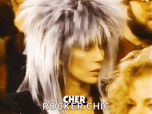 cher is wearing a wig with the words cher rocker chic written on it