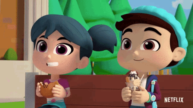 a boy and a girl are sitting on a bench with netflix written on the bottom right