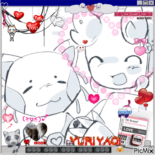 a computer screen with a drawing of two cats and a box that says love on it