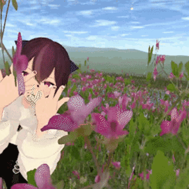 a cartoon character is standing in a field of flowers