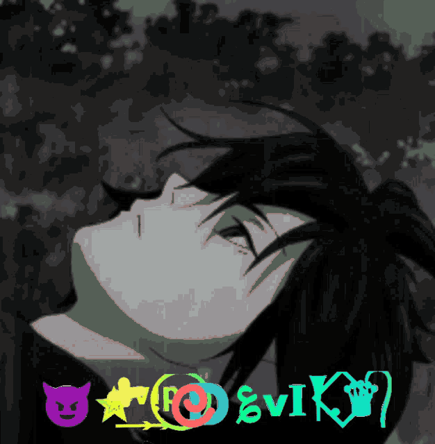 a black and white drawing of a boy with the name evilk on the bottom