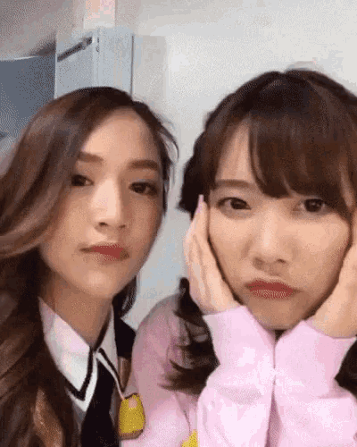 two girls are posing for a picture and one is wearing a pink sweatshirt