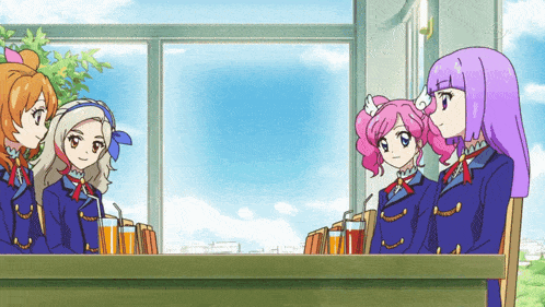 a group of anime girls sitting at a table with drinks