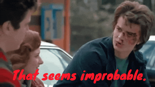 a man with a bloody nose is talking to a woman and the words that seems improbable are visible