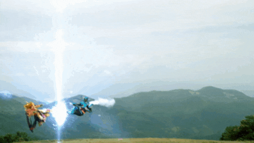 a person is flying through the air with a light coming out of the sky