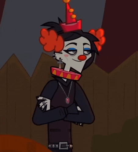 a cartoon character wearing a clown hat and a necklace has his hands on his hips
