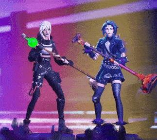 two female video game characters are standing next to each other holding their weapons