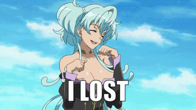 a cartoon girl is pointing at her breast and the words i lost are below her