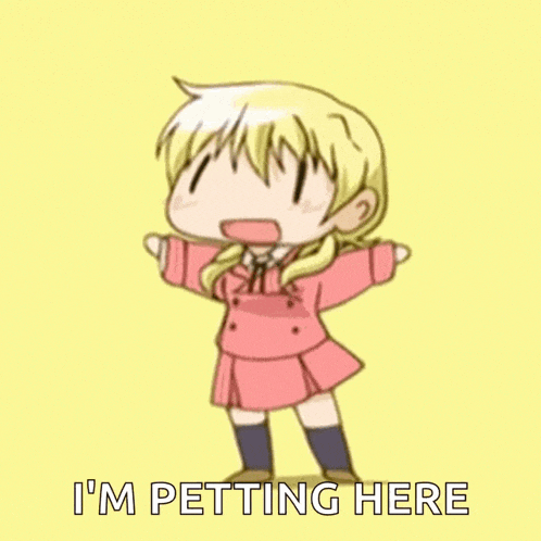 a cartoon girl in a pink dress says i 'm petting here on a yellow background