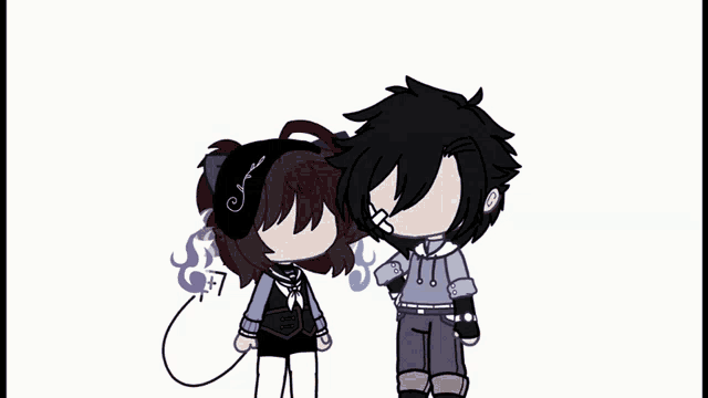 a cartoon of a boy and a girl standing next to each other with a purple background behind them
