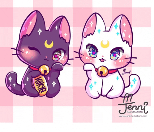 a black and white cat sitting next to each other with jenni illustrations on the bottom
