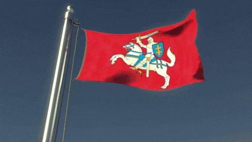 a red flag with a knight on a white horse holding a sword